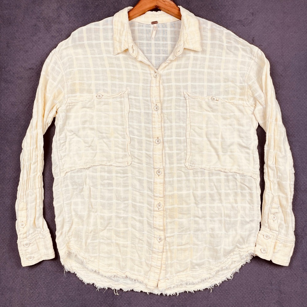 Free People Loveland Shirt Womens Large Yellow Citron Plaid Raw Hem Gauze Boho